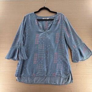 Billy T Womens LG Blue Paisley Floral Lyocell Bell Sleeve Tunic Top Denim Look
